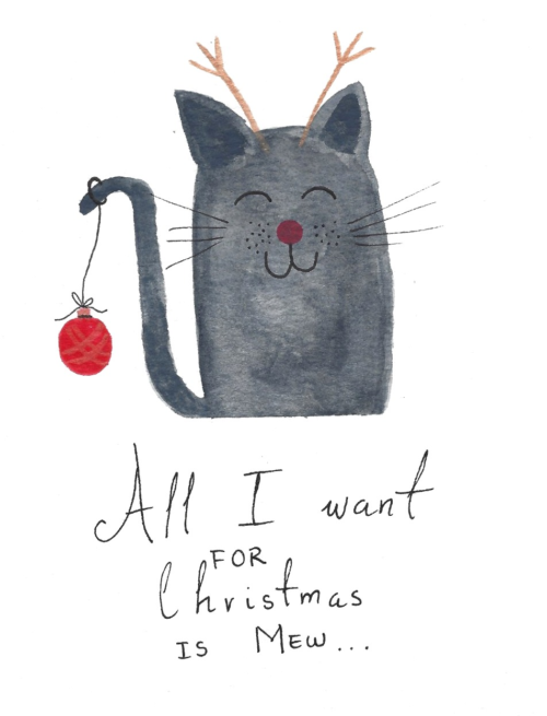 All I Want for Christmas Is Mew Card — hand-painted watercolor by Ruth