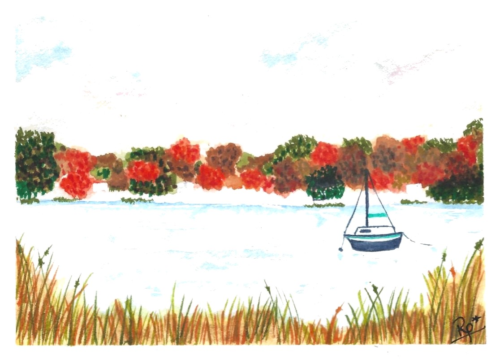 Autumn Lake Sailboat — original watercolor by Ruth