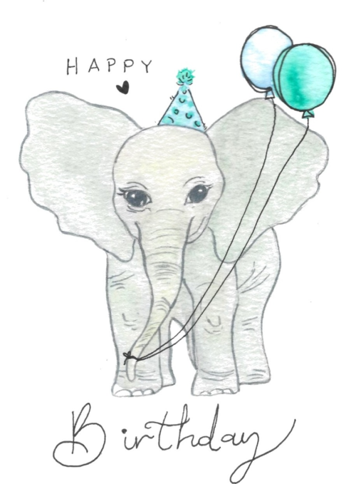 Birthday Elephant Card — hand-painted watercolor by Ruth