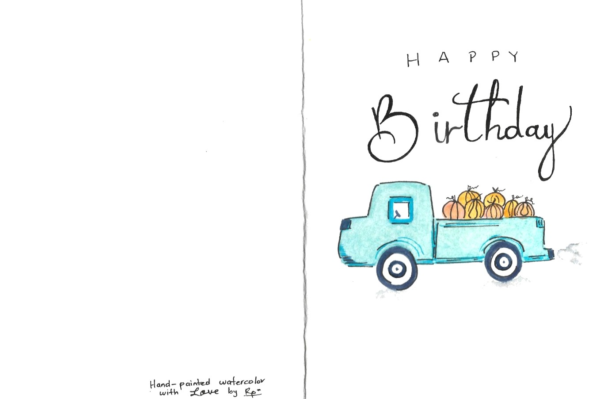 Card opened — signed back Open greeting card showing the hand-painted front and the signed back