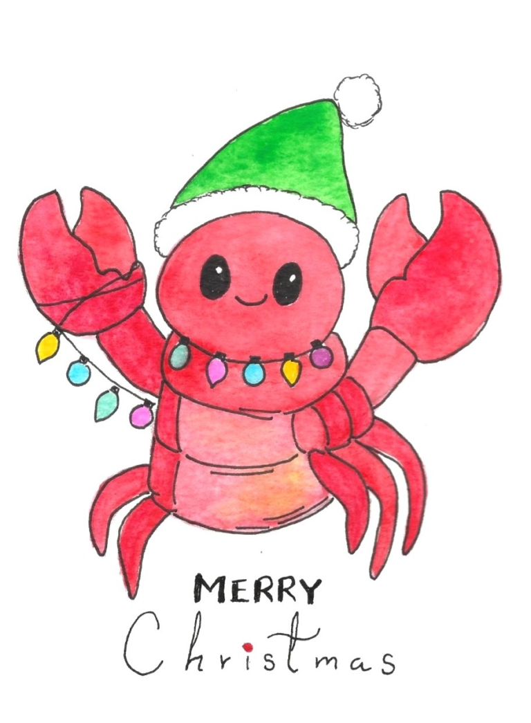 Christmas Crab Card — hand-painted watercolor by Ruth