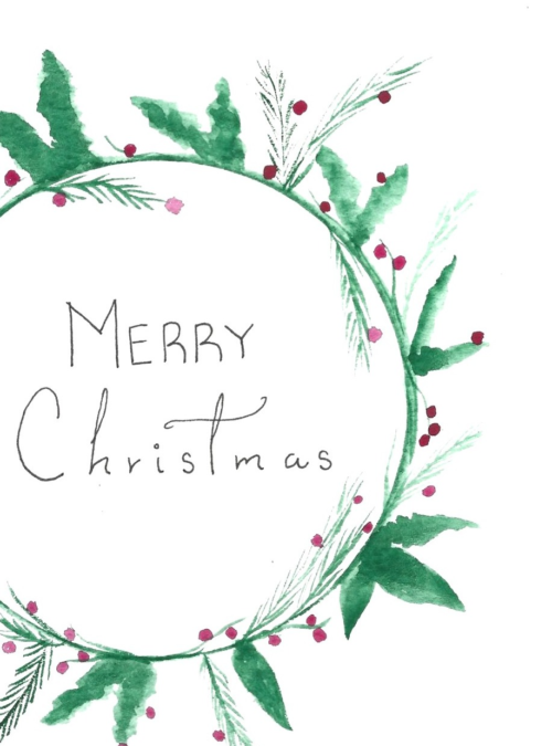 Merry Christmas Wreath Card — hand-painted watercolor by Ruth
