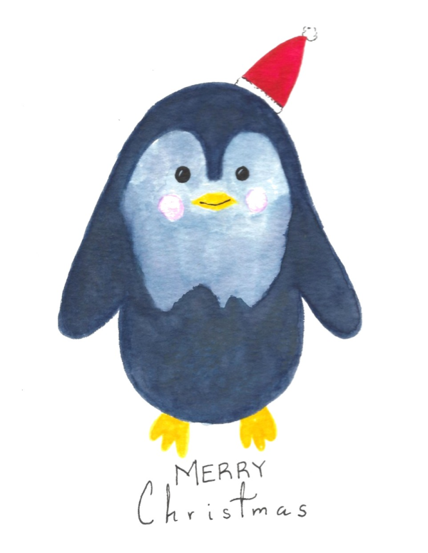 Penguin in a Santa Hat Christmas Card — hand-painted watercolor by Ruth