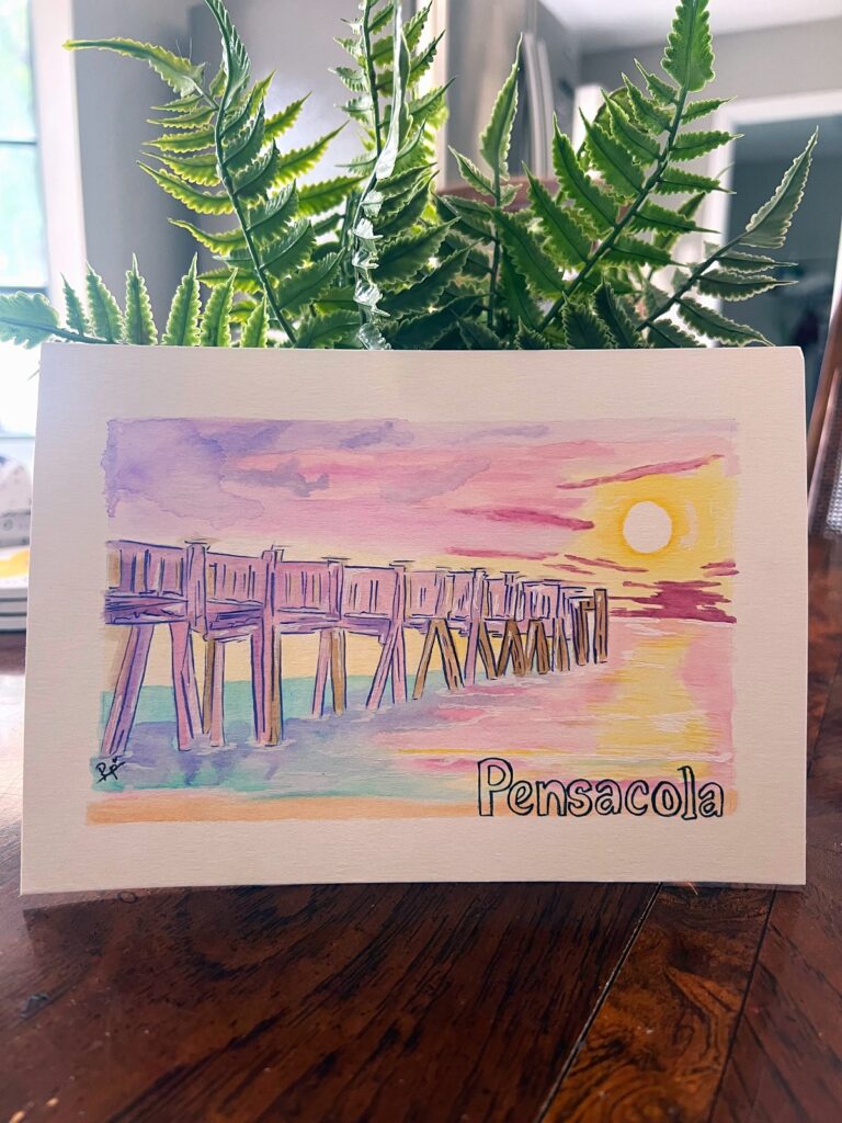 Pensacola pier watercolor – hand-painted by Watercolor by Ruth