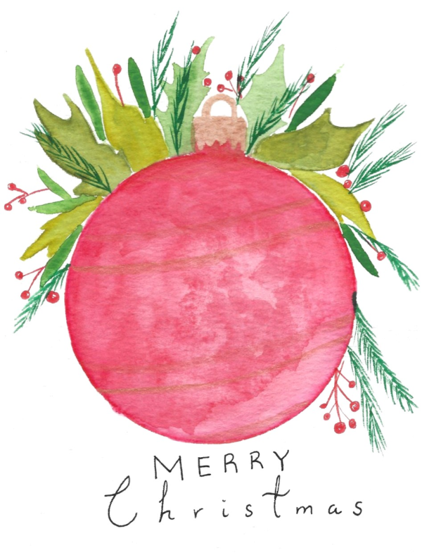 Red Ornament & Greenery Christmas Card Red Ornament & Greenery Christmas Card — hand-painted watercolor by Ruth