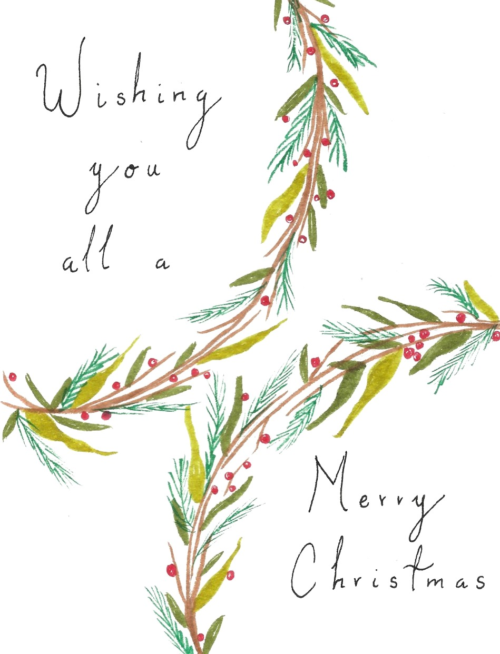 Wishing You All a Merry Christmas Card — hand-painted watercolor by Ruth